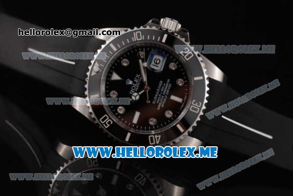 Rolex Submariner Swiss ETA 2836 Automatic Steel Case with Black Dial and Black Rubber Strap Dot Markers - Click Image to Close